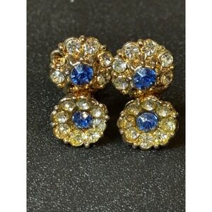 Vintage Screw Back Rhinestone Earrings Gold Tone‎ Blue Clear Rhinestones 1940s